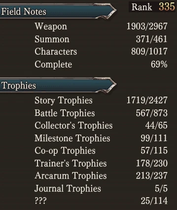 Granblue Fantasy field notes and trophies